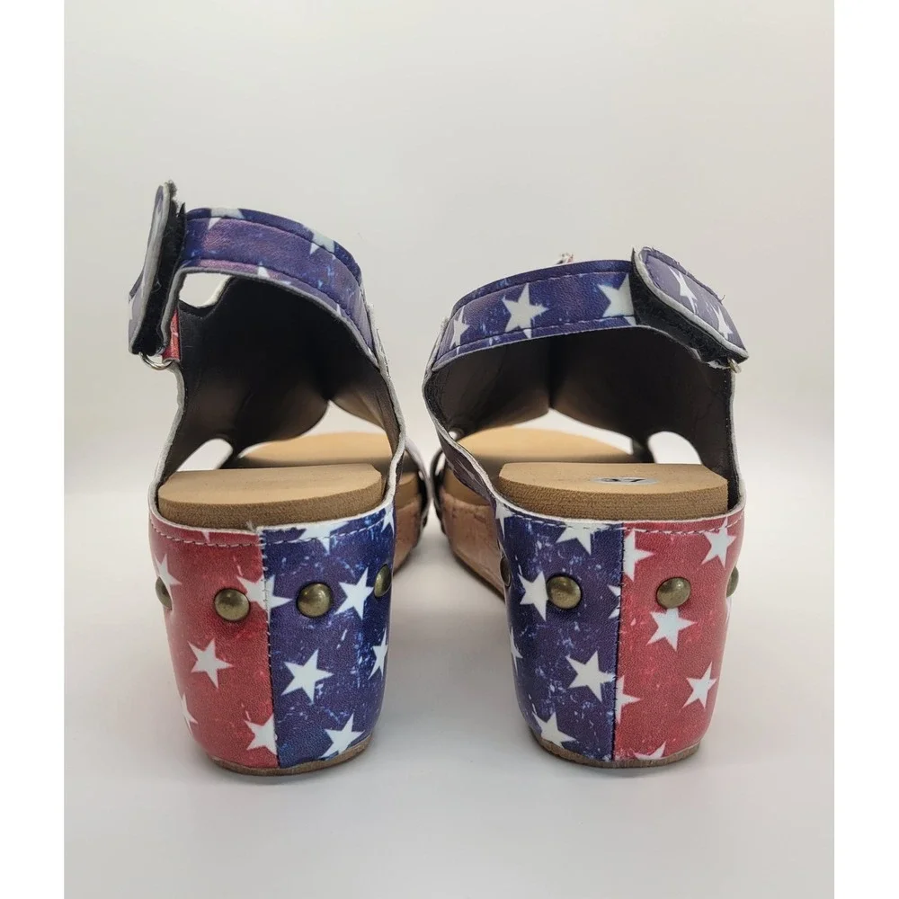 Women's American Flag Wedge Sandals EU 37 US 6 Patriotic Cork Platform Slingback